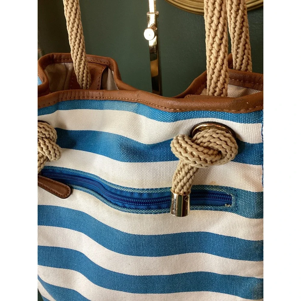 Michael Kors Canvas Tote Medium Blue White Striped‎ Nautical Rope Handle
